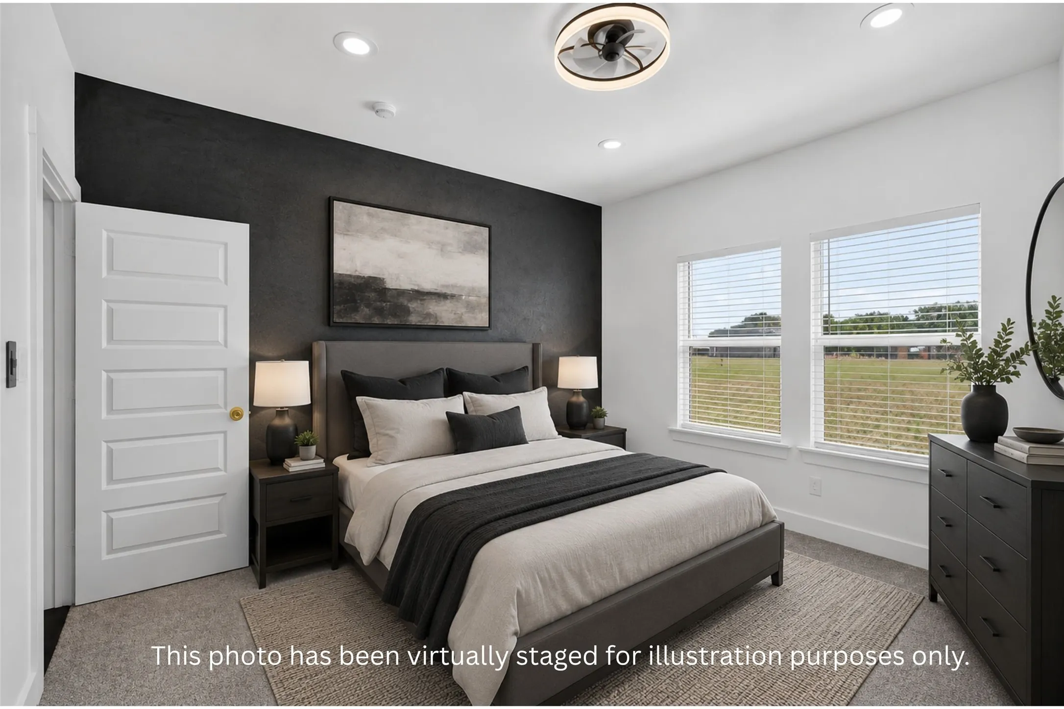 White paneled door, black accent wall, ceiling fan, dual windows with blinds, recessed lighting