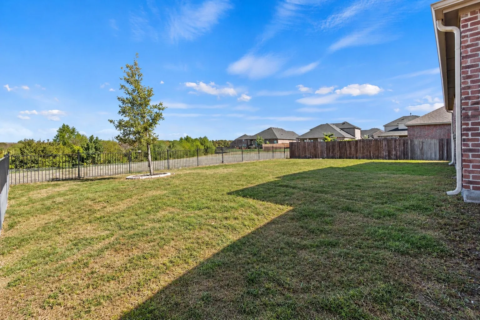 Expansive backyard featuring a mature tree, wood privacy fencing, and a brick exterior