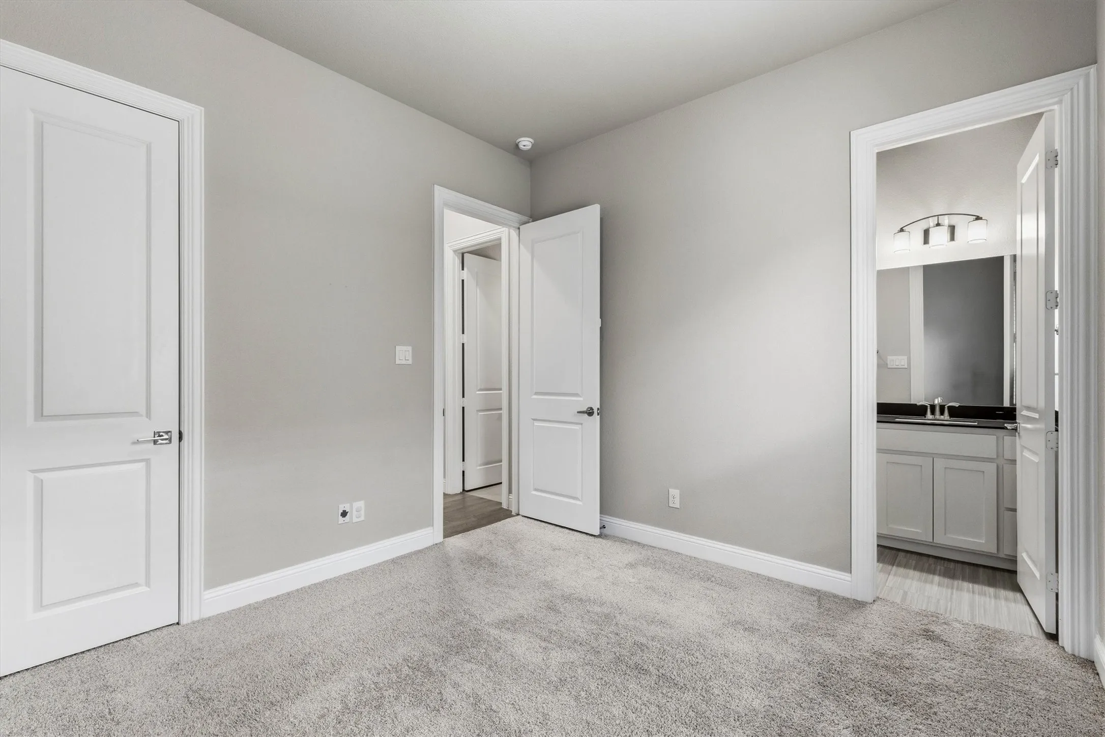 Plush carpeting and light gray wall tones create a neutral palette