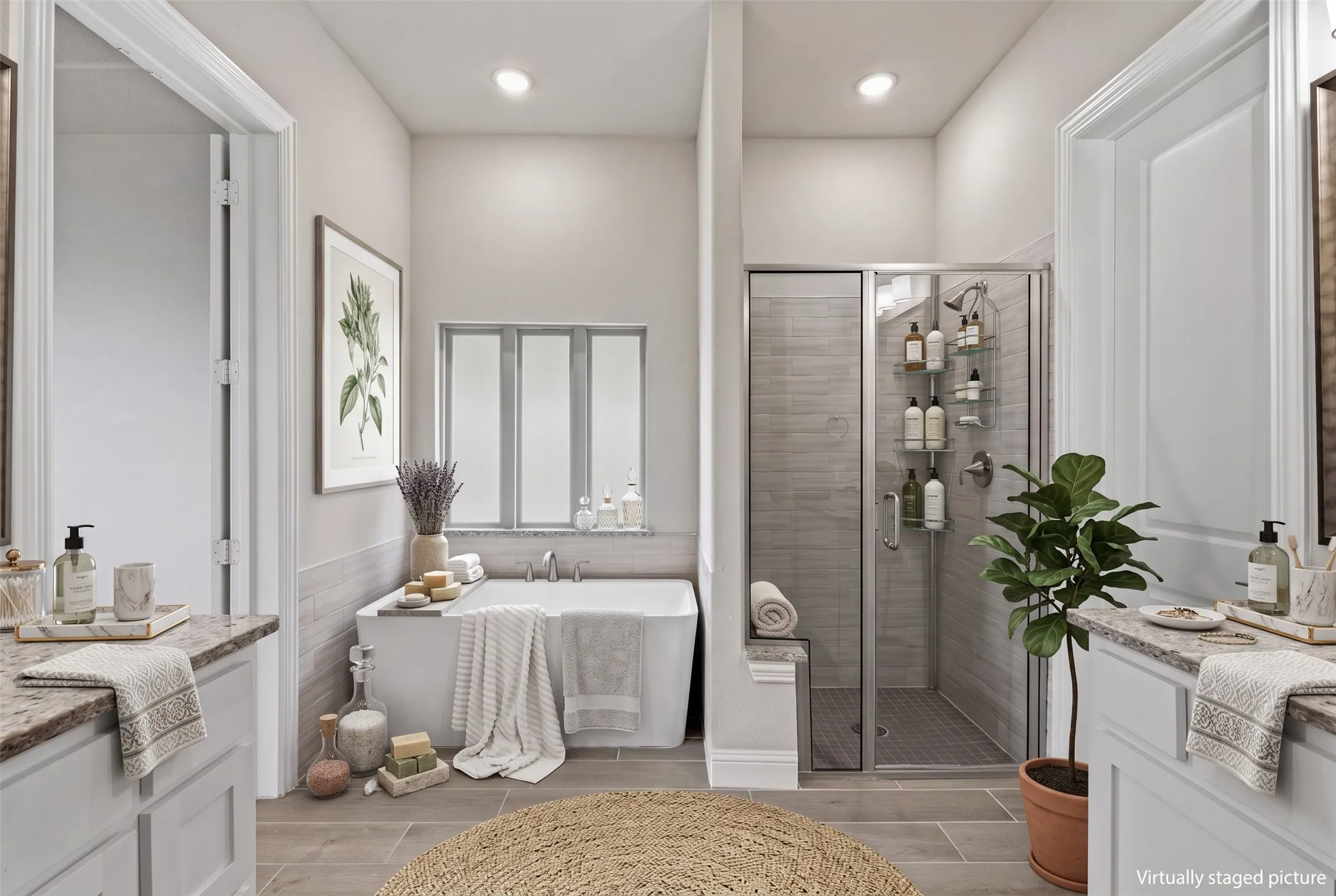 Dual vanities with granite countertops, a built-in bathtub, a walk-in shower with glass enclosure, and tiled flooring
