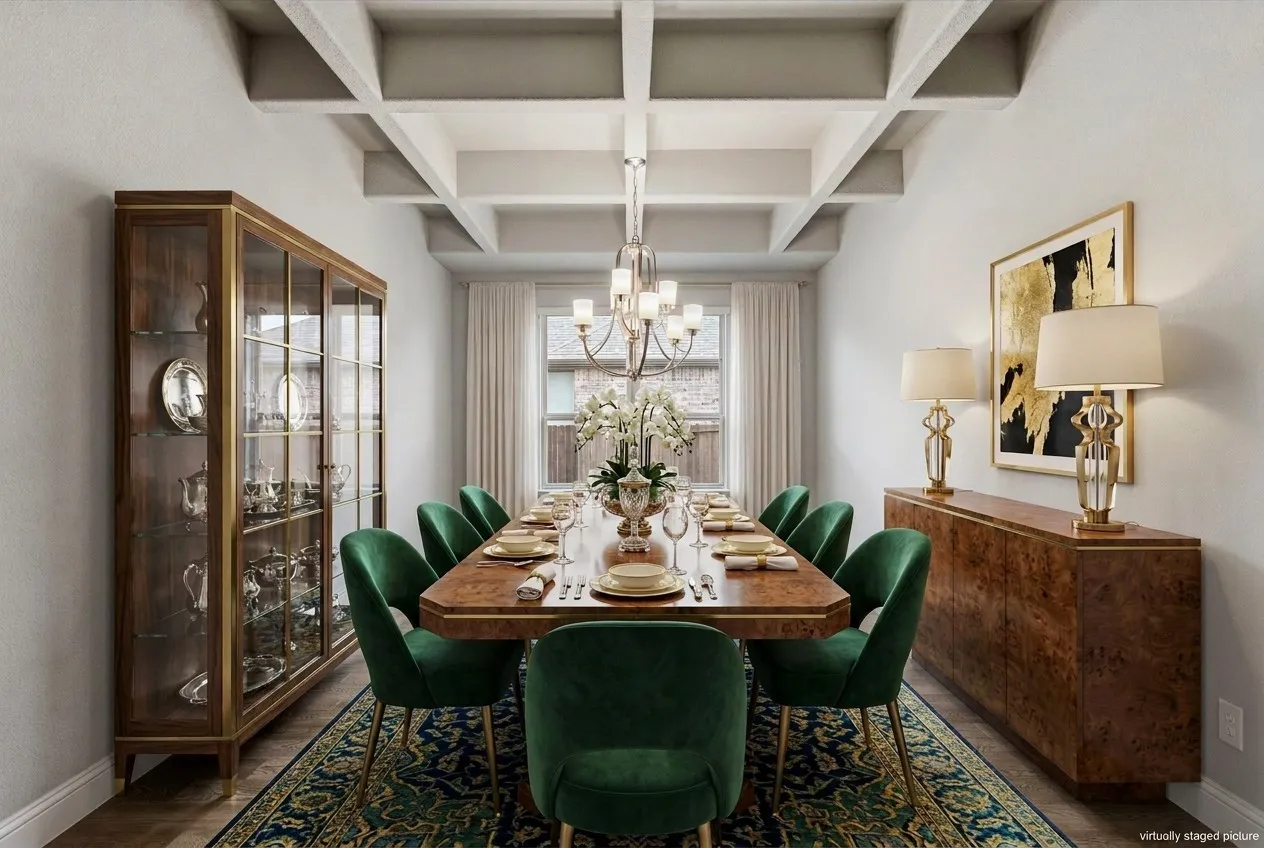 Virtually Staged Picture - Coffered ceiling, wood-finish flooring, chandelier lighting, and a window with white drapery