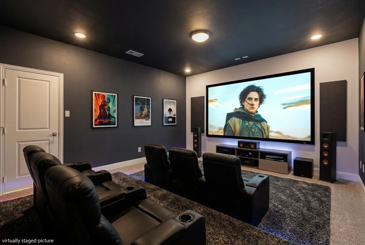 Virtually staged picture - Home theater featuring a large screen, recessed lighting, and a dark ceiling finish