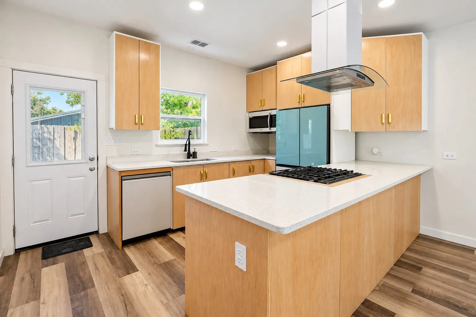 Wood-finish flooring with recessed lighting