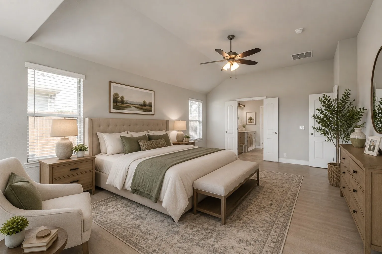Vaulted ceiling with a ceiling fan, light wood-finish flooring, two large windows, white double doors, and a solid white door