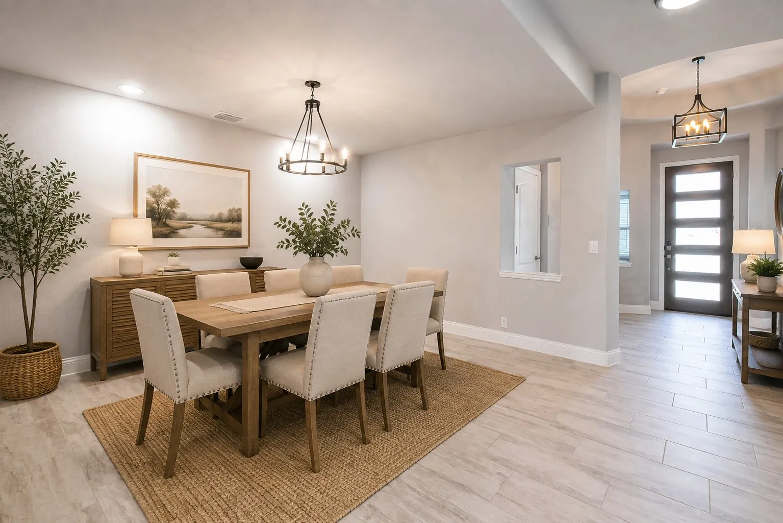 Recessed lighting and a modern chandelier illuminate the dining space