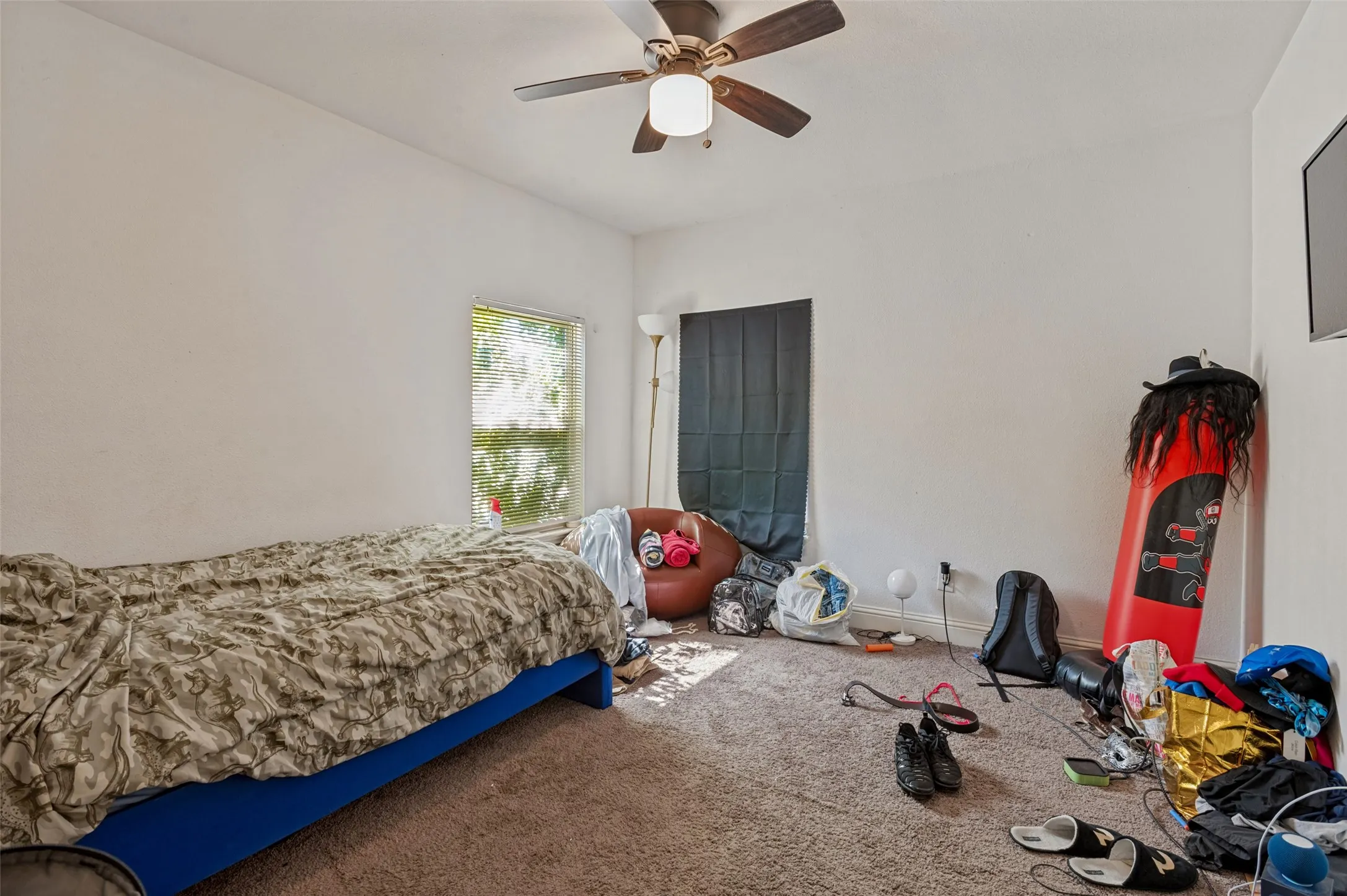 Carpeted room with a ceiling fan, a window, and white walls