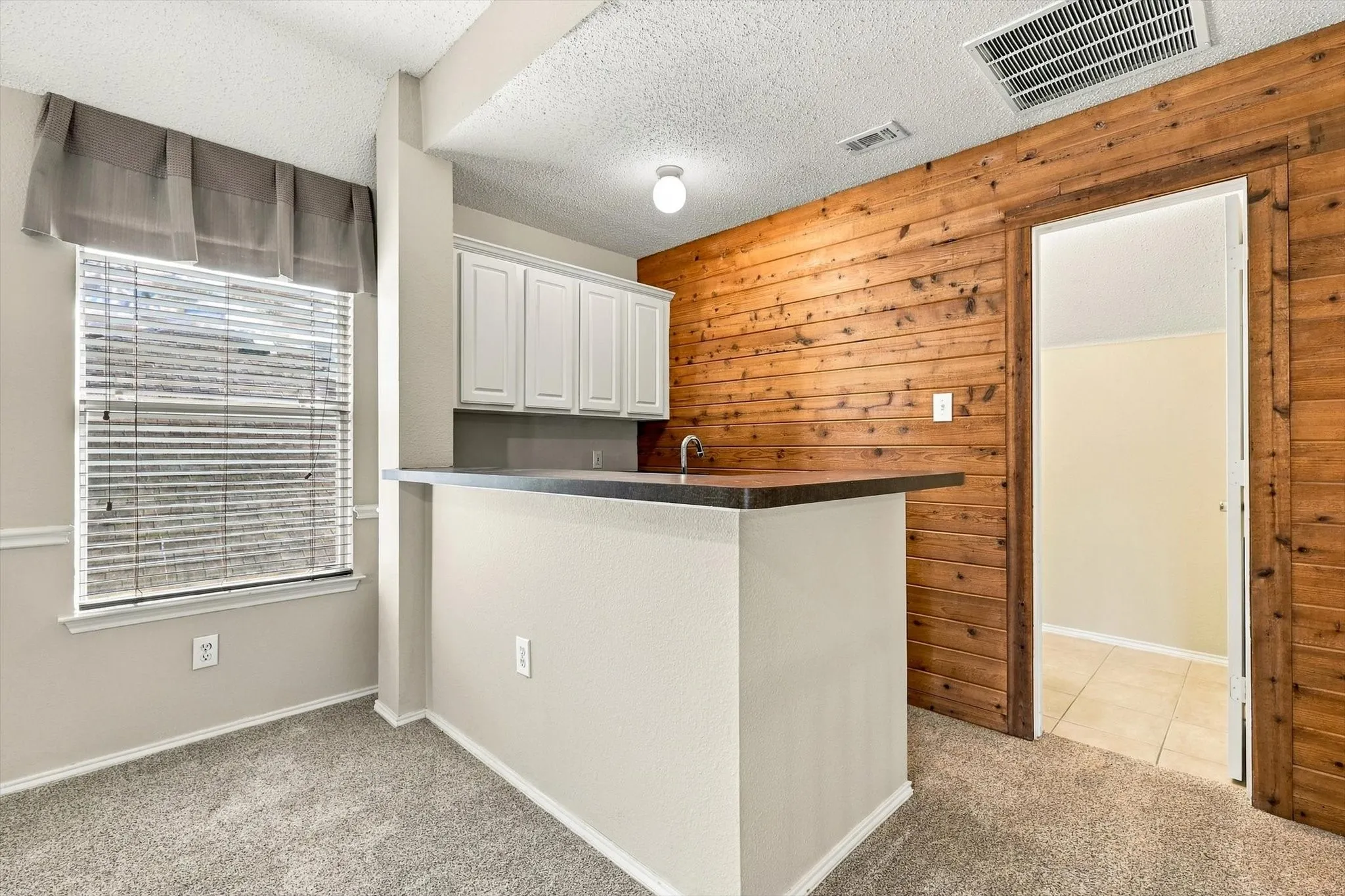 Built-in bar area featuring white cabinetry, a dark countertop, and a stainless-steel sink