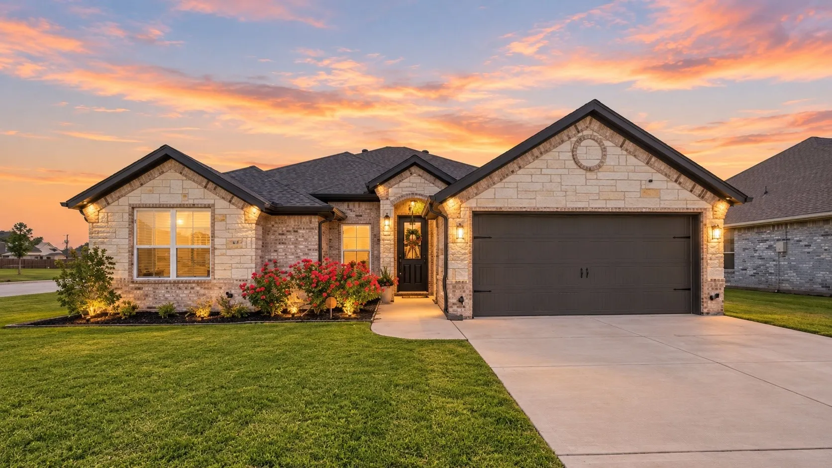 Stone veneer exterior with dark trim and a gabled roof
