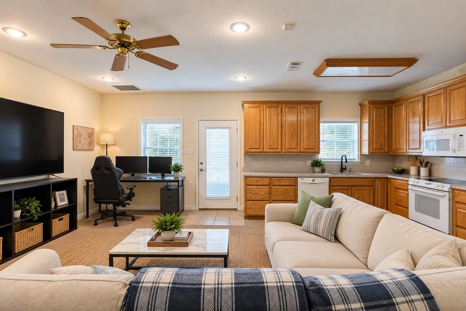 AI decluttered living room in guest quarters.