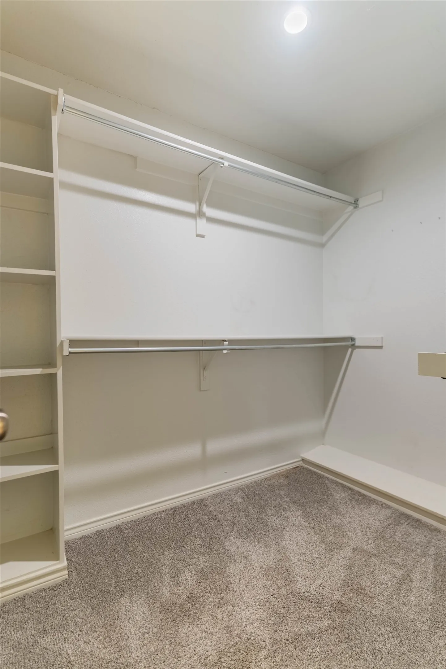 Built-in shelving, dual clothing rods, recessed lighting, and carpet flooring