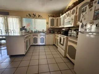 U-shaped kitchen with tile flooring, extensive cabinetry, built-in dishwasher, and a double basin sink