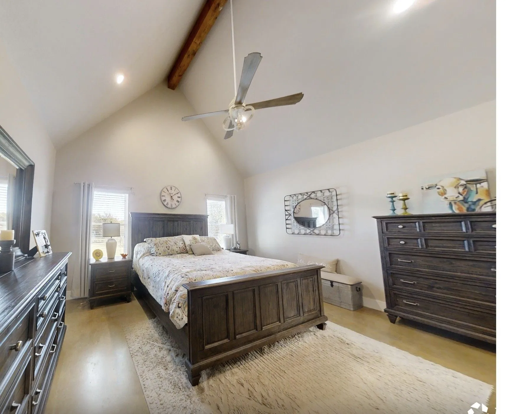 Bedroom featuring high vaulted ceiling, beamed ceiling, a ceiling fan, and recessed lighting