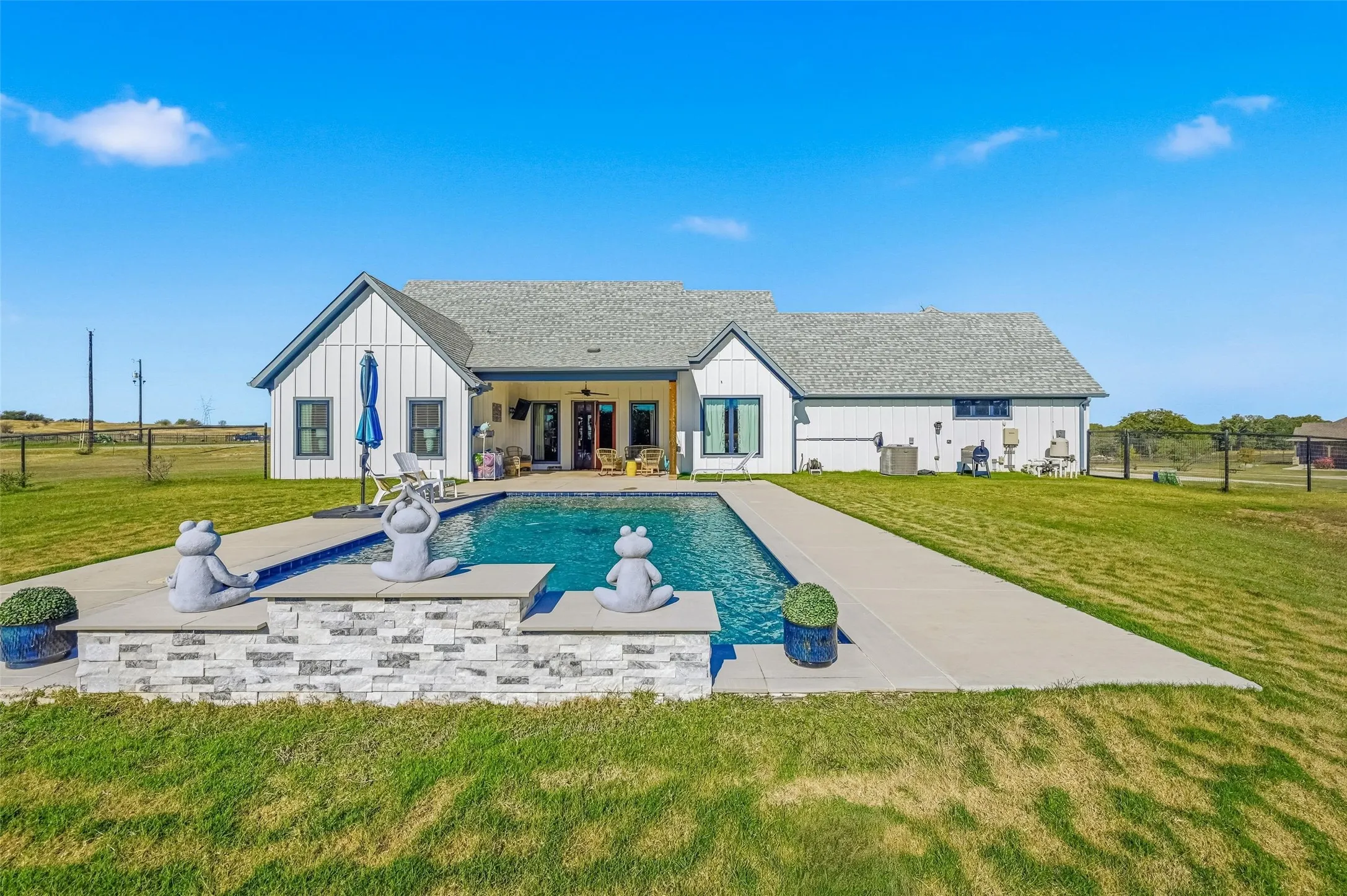 Rear view of house featuring board and batten siding, a covered patio area, an outdoor pool, and a shingled roof