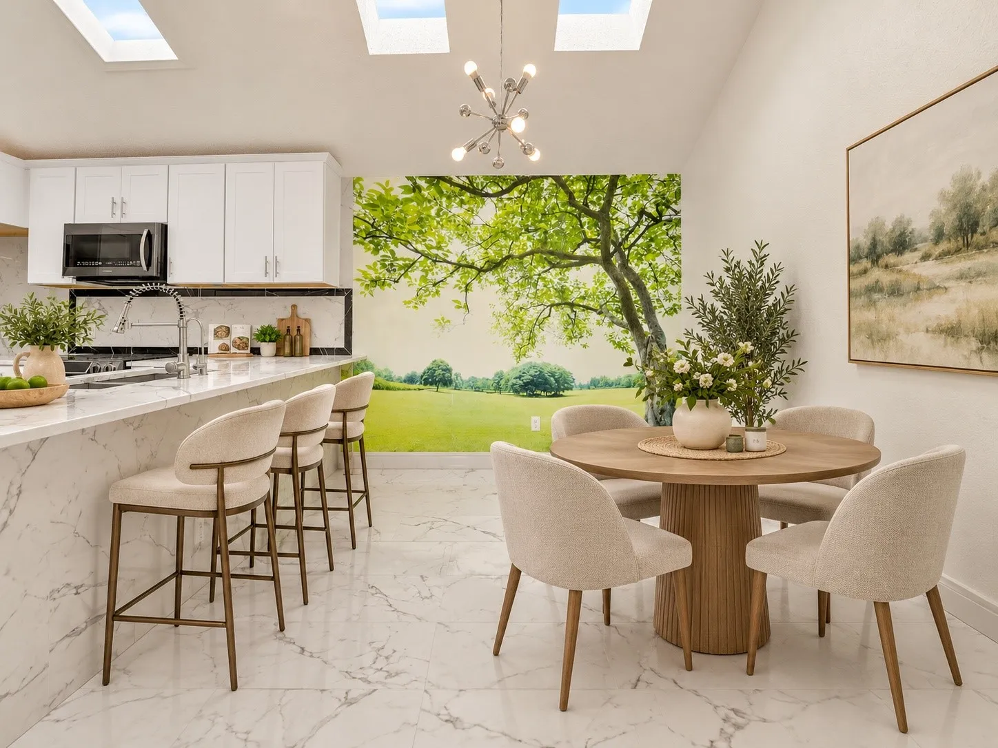 White kitchen cabinetry, marble-style flooring, skylights, kitchen island with counter seating, and a dining area with a round wooden table