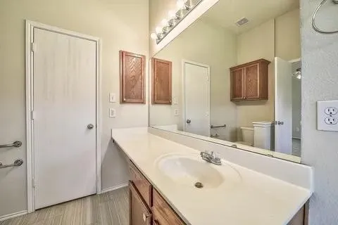 Vanity with integrated sink, extensive counter space, and wood-finish cabinetry