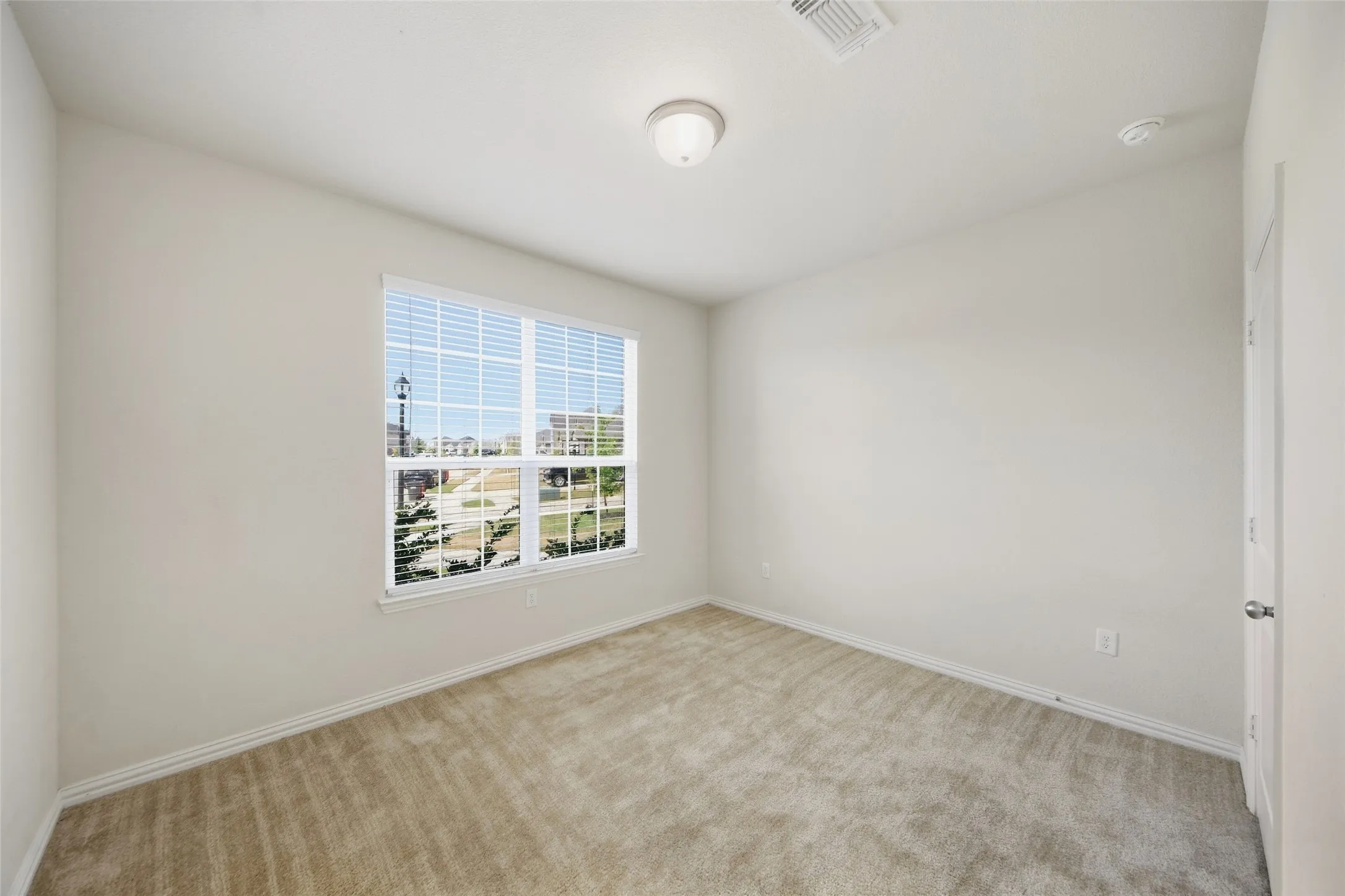 Carpeted room featuring a large window with blinds, ceiling-mounted light fixture, and neutral wall tones