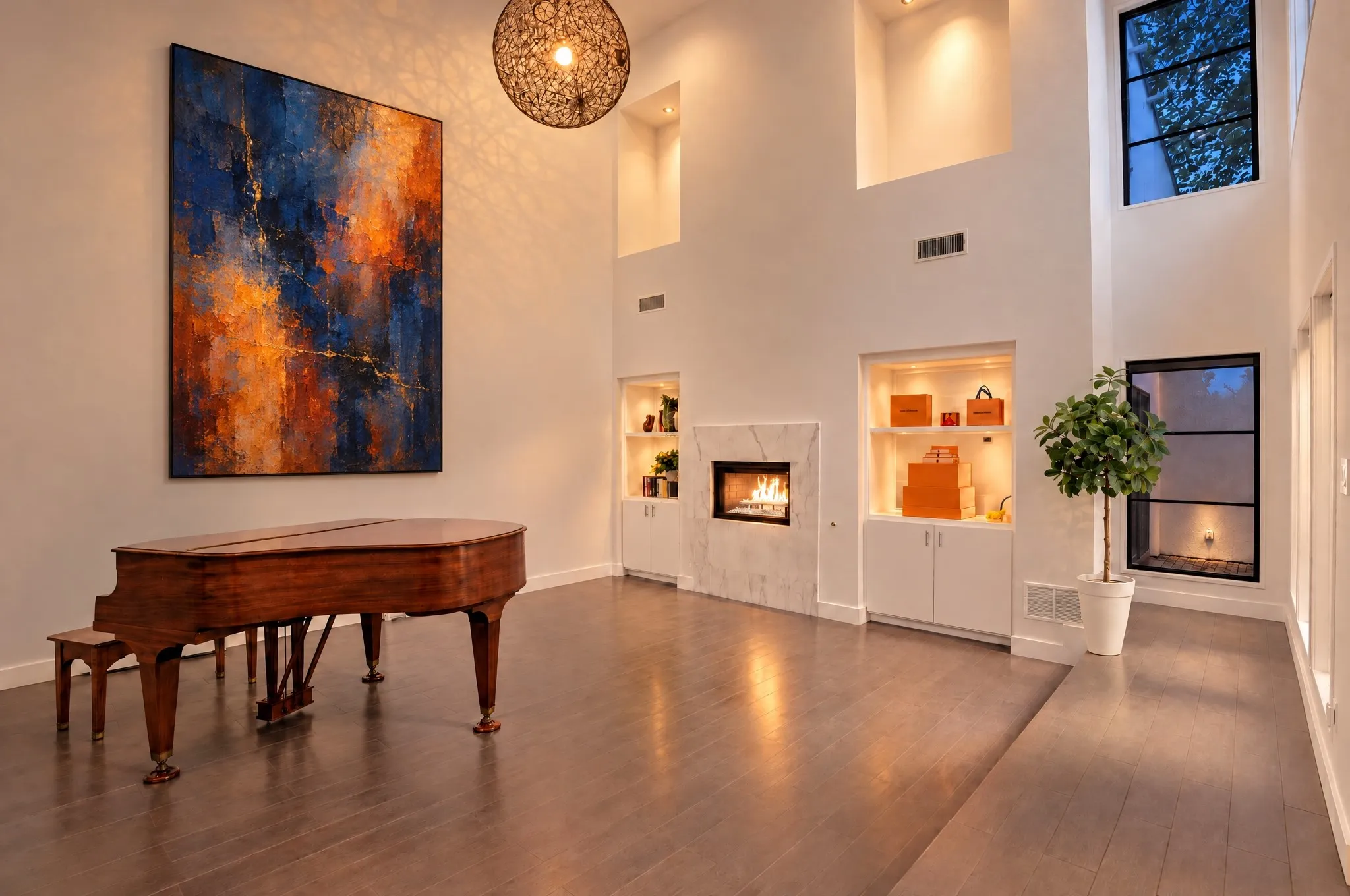 Two-story great room in this contemporary Dallas 75220 home, with skylights, a marble fireplace flanked by built-ins, and walls of glass to the private courtyard. Virtually staged and digitally enhanced.