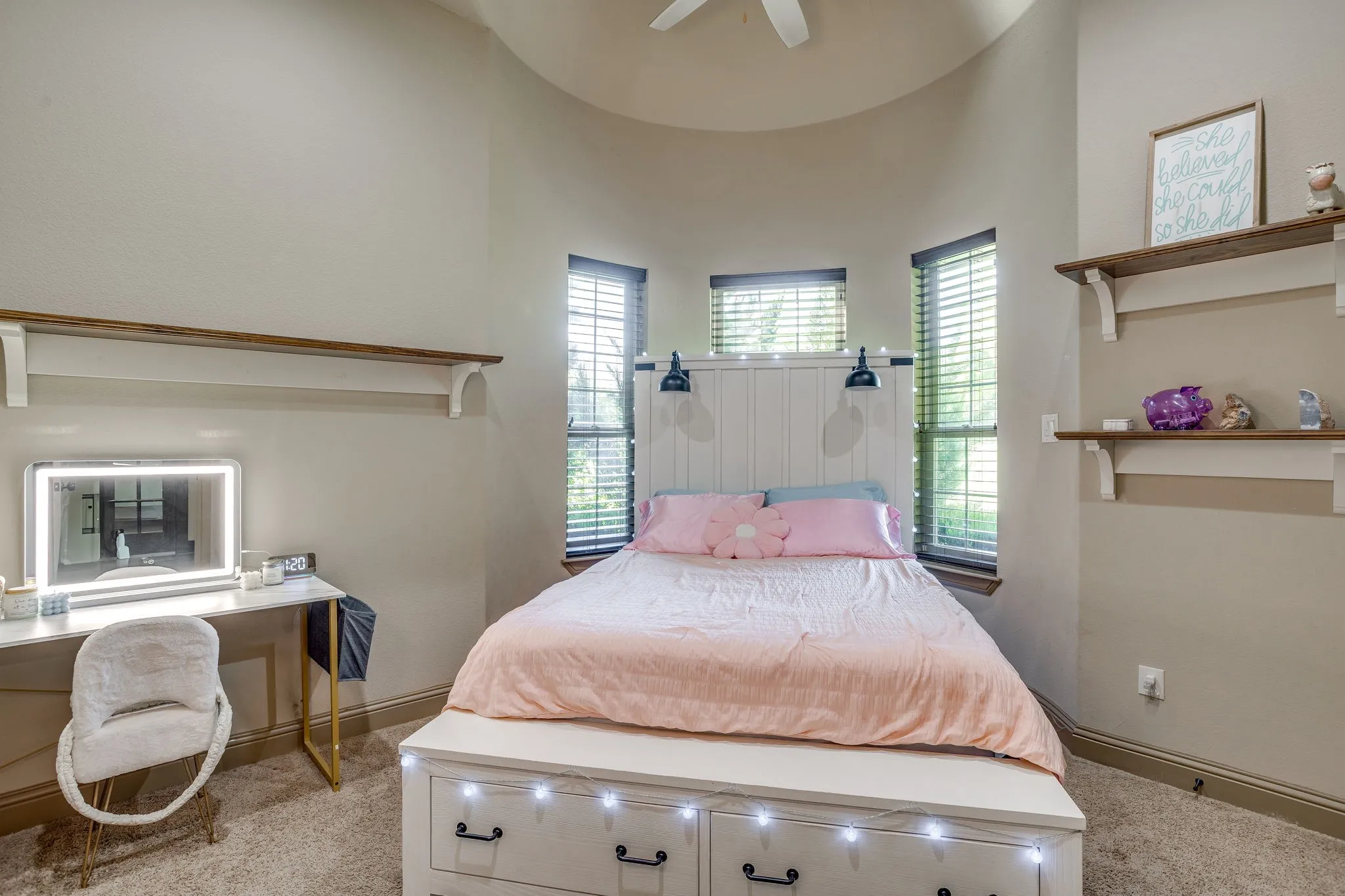 Bedroom 2 with bay windows and a domed ceiling.