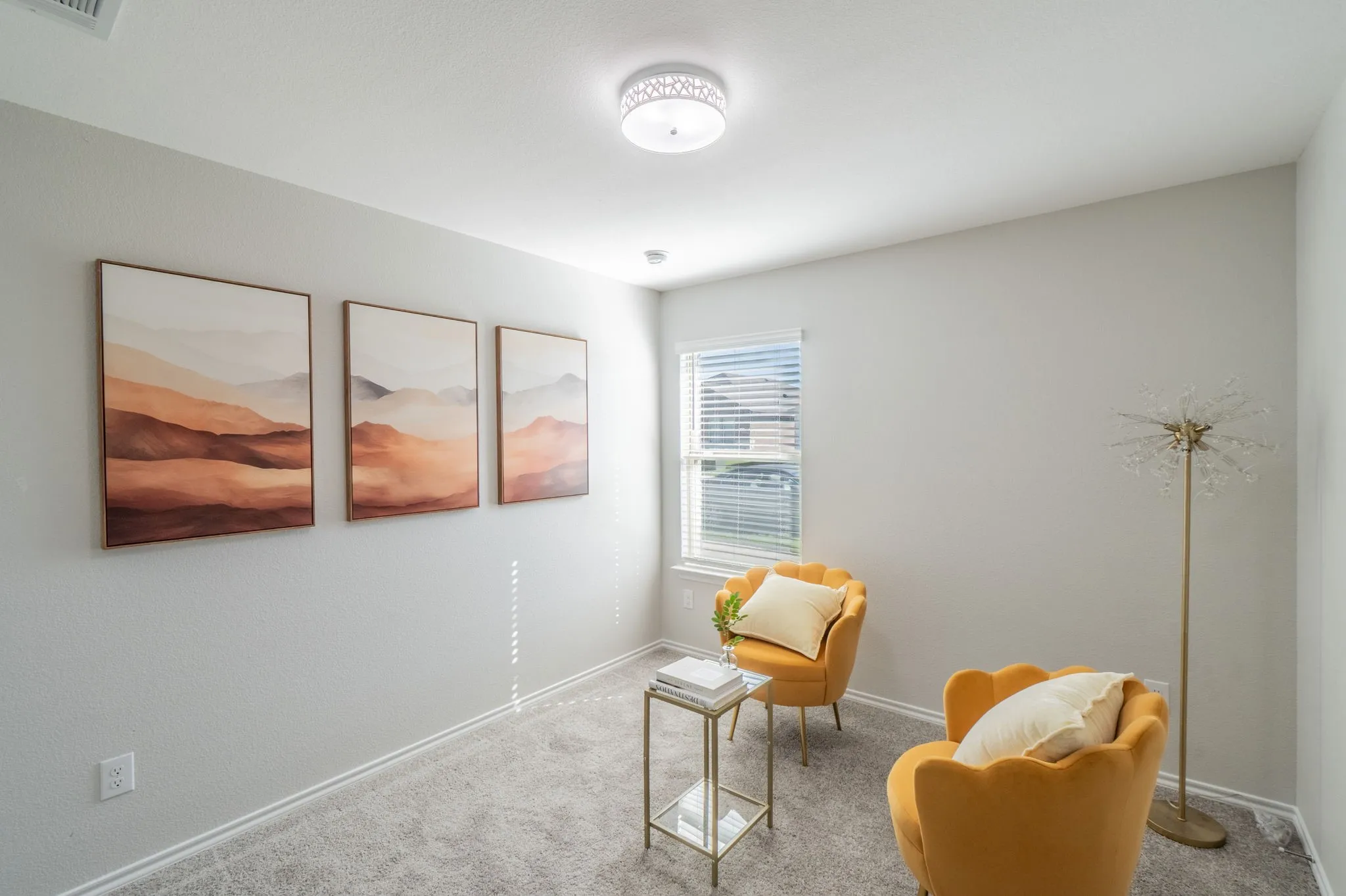 Window with horizontal blinds, textured carpet flooring, and a flush mount ceiling light fixture