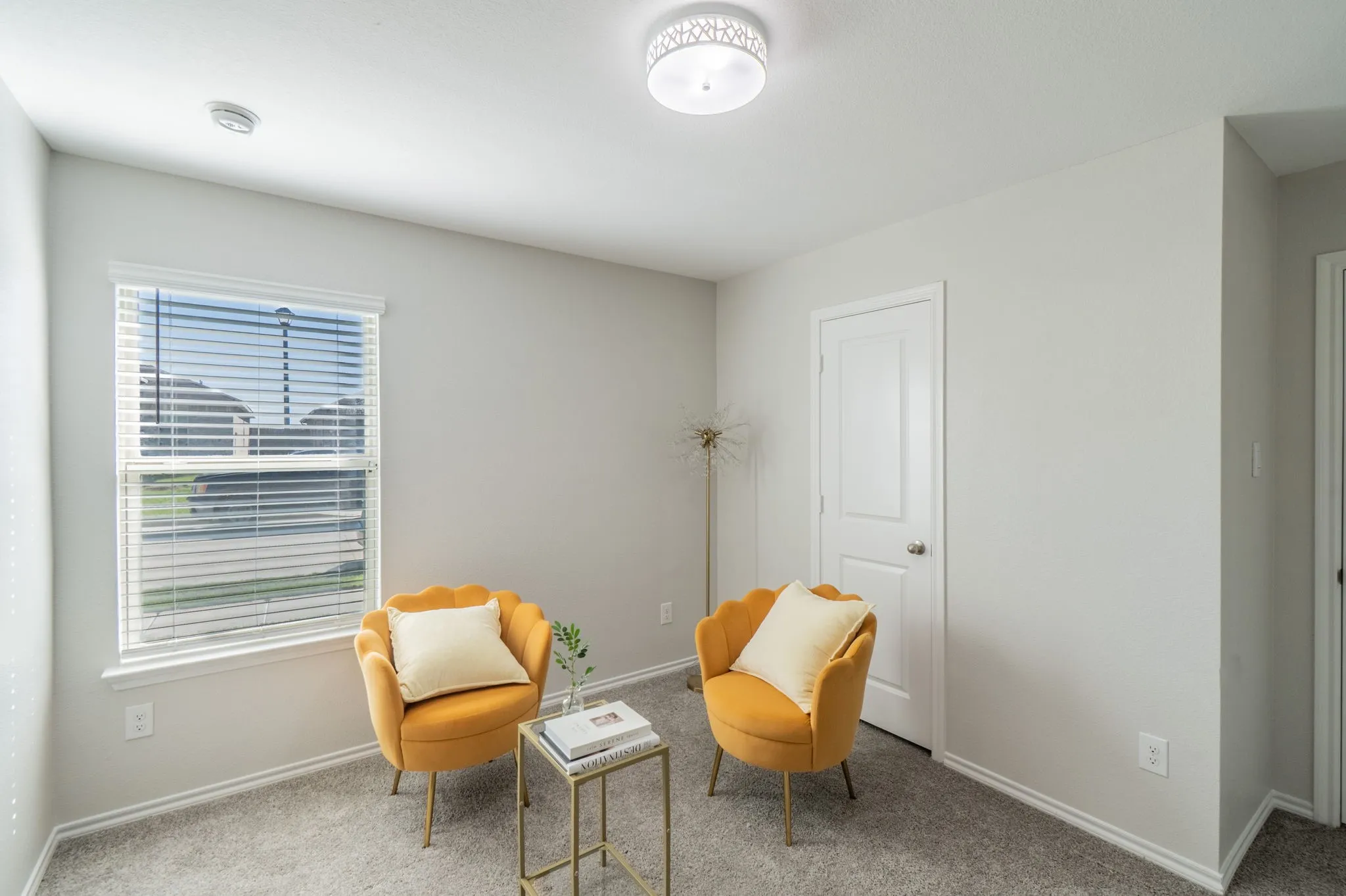 Recessed window with blinds, paneled interior door, ceiling-mounted light fixture, and textured carpeting
