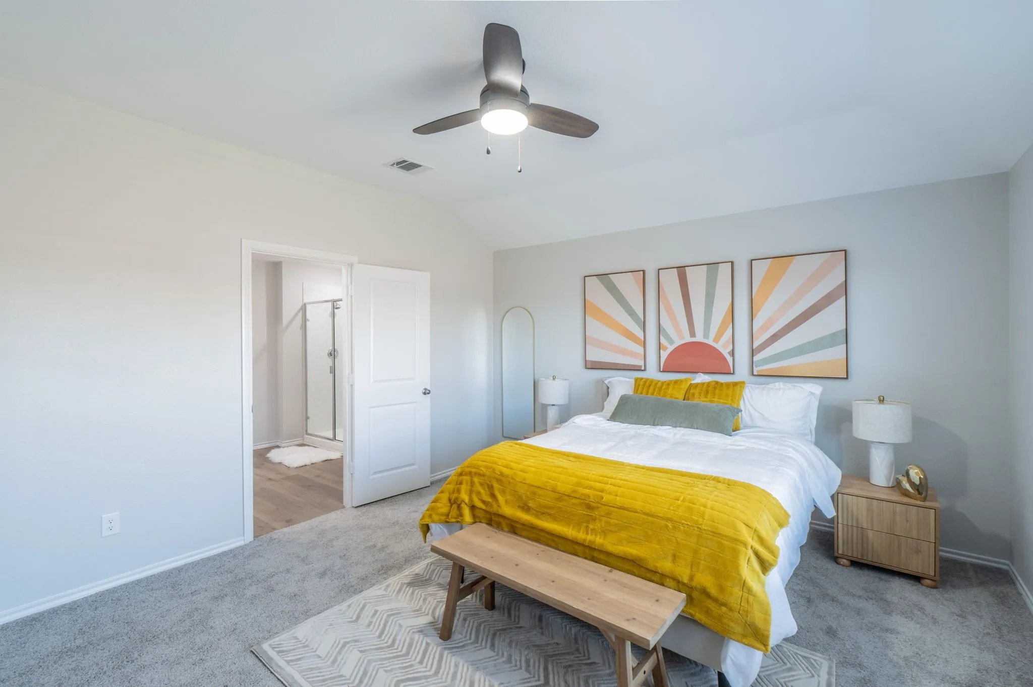 Recessed lighting, ceiling fan with integrated light, light gray wall paint, and gray carpeting