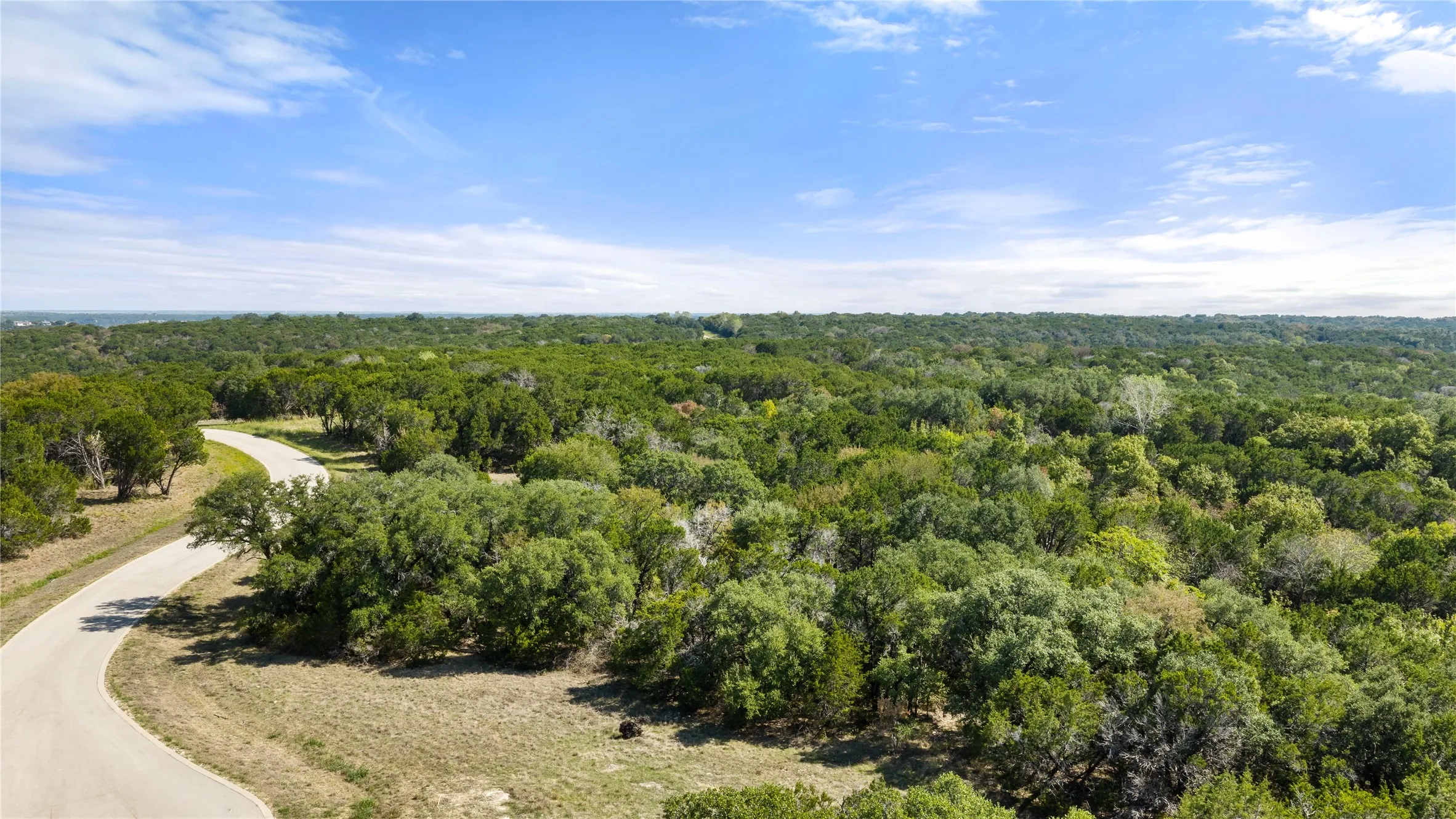 Expansive rural acreage featuring mature oak and native trees throughout, with a winding paved driveway providing access across the property