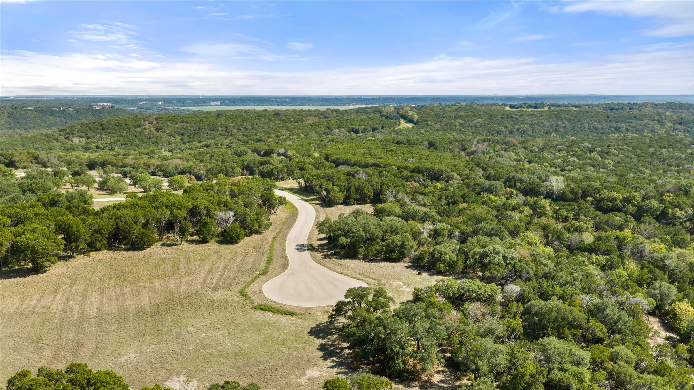 Scenic acreage with mature tree coverage, a winding paved driveway, and open pastoral fields