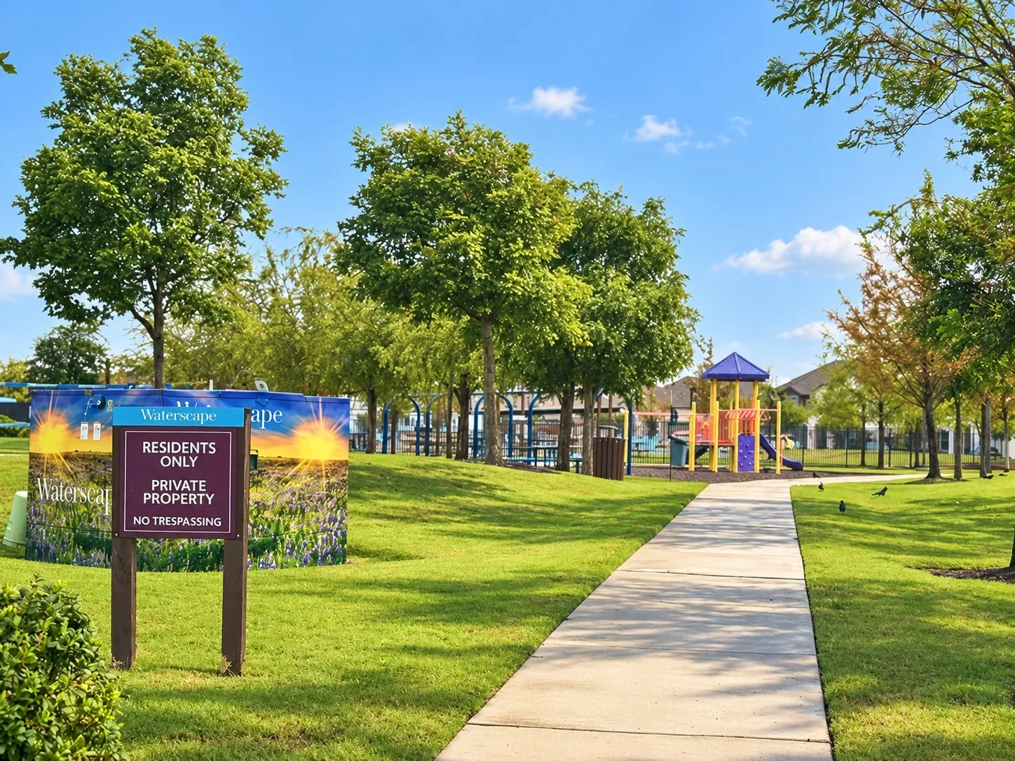 Paved pathway leading to a recreational area featuring a colorful playground structure, open green space, and mature trees