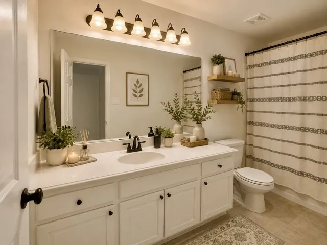 Spa-inspired primary bathroom featuring a generous white vanity with dual sinks, ample storage with multiple drawers and cabinets, and a quartz countertop