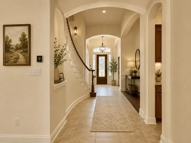 Arched doorways, tile flooring, curved staircase with wood banister, recessed lighting, and a prominent front entry door with transom window
