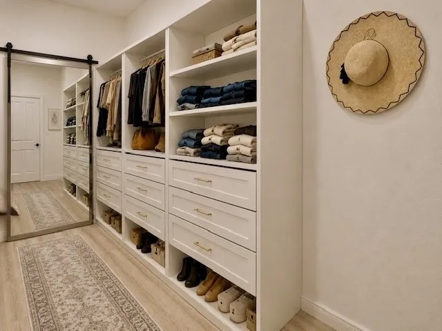 Built-in custom white cabinetry with gold-tone hardware, wood-finish flooring, and a mirrored barn door