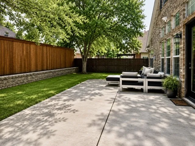 Expansive concrete patio with a brick retaining wall and wood fence