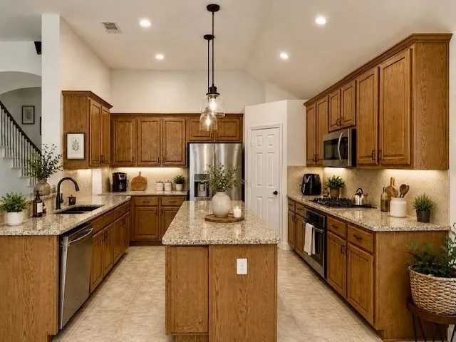 Kitchen featuring wood-finish cabinetry, granite countertops, stainless steel appliances, and a central island