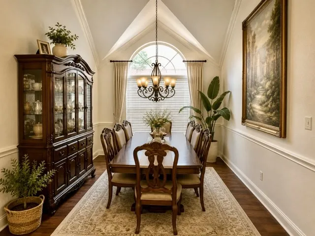 Vaulted ceiling, arched window, wood-finish flooring, wainscoting, and crown molding