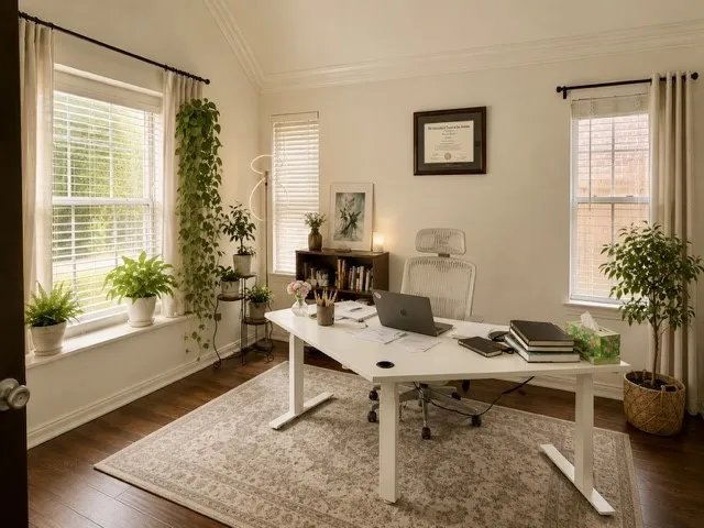 Hardwood-finish flooring, crown molding, and multiple windows with blinds