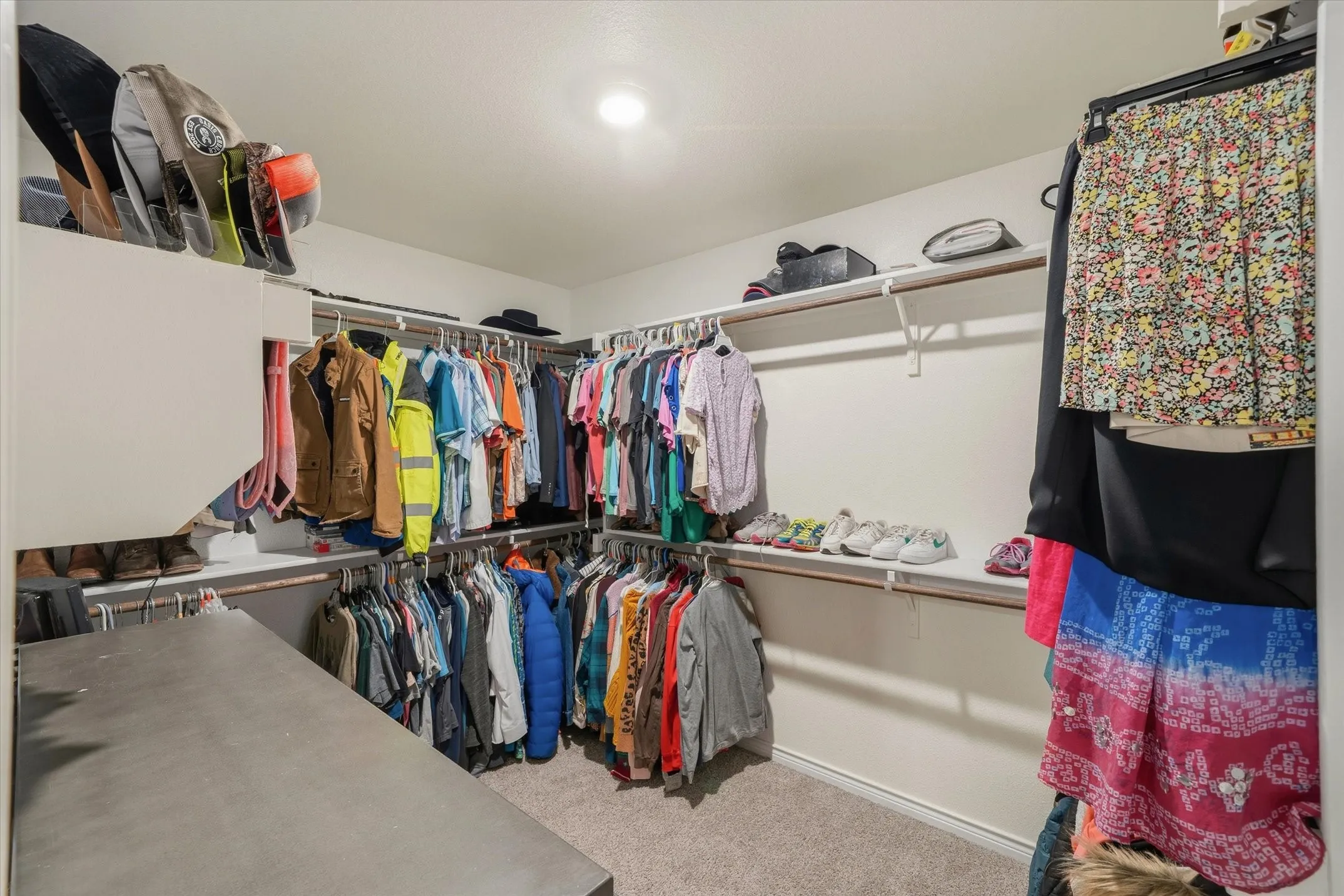 A wide-angle view reveals the expansive walk-in closet inside 202 Buckboard Ln, featuring plush neutral carpeting and bright flush-mount LED illumination. Double-hung natural wood rods and painted shelves wrap around the perimeter, offering extensive tiered storage for garments, outerwear, and accessories. A built-in dark gray folding counter provides versatile utility, complemented by dedicated lower hanging space and convenient multi-level shoe shelving on the right wall, delivering an organized, turnkey wardrobe solution tailored for modern residential living.