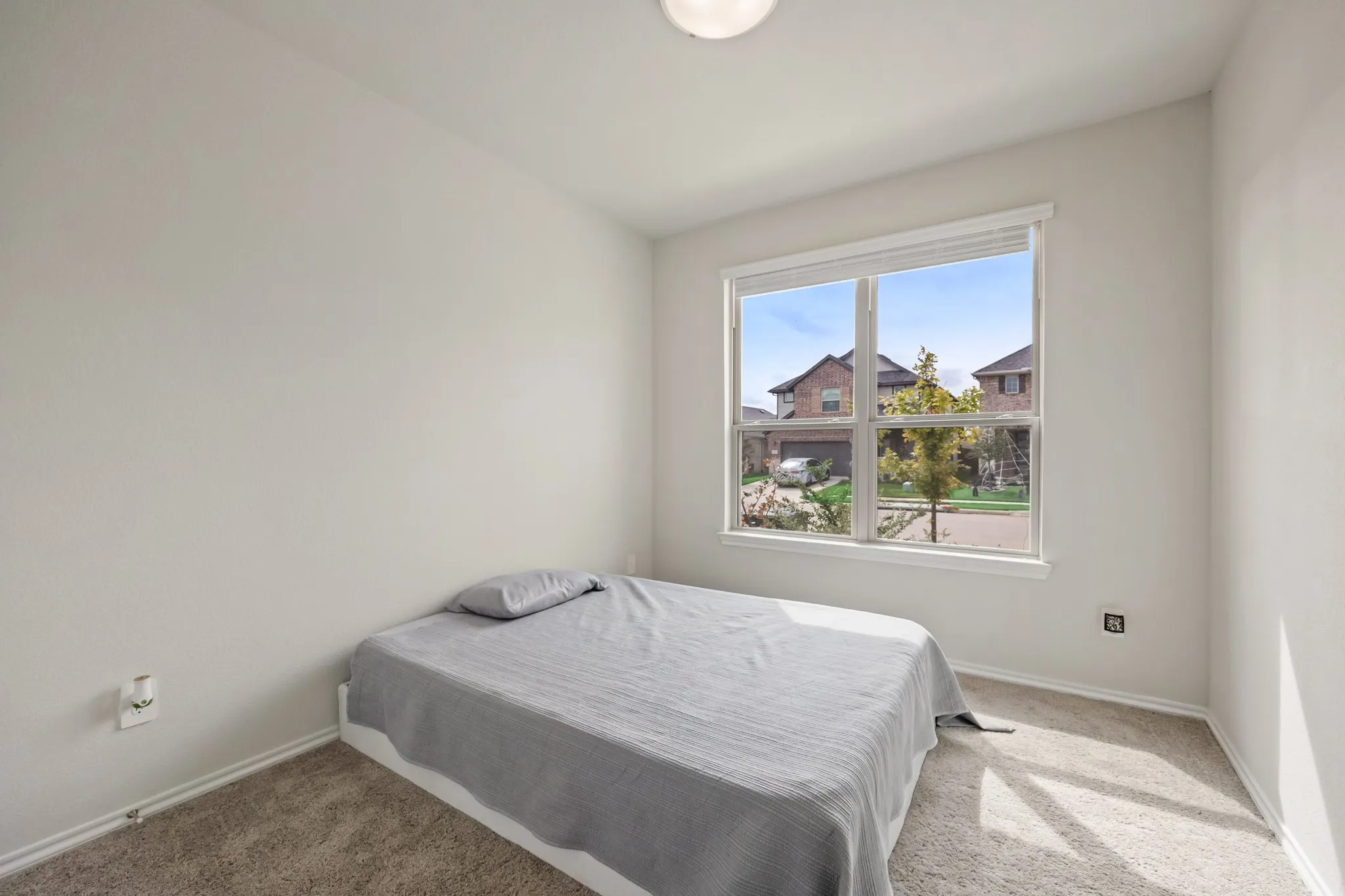 Carpeted room with a double-pane window, white trim, and a flush mount ceiling light