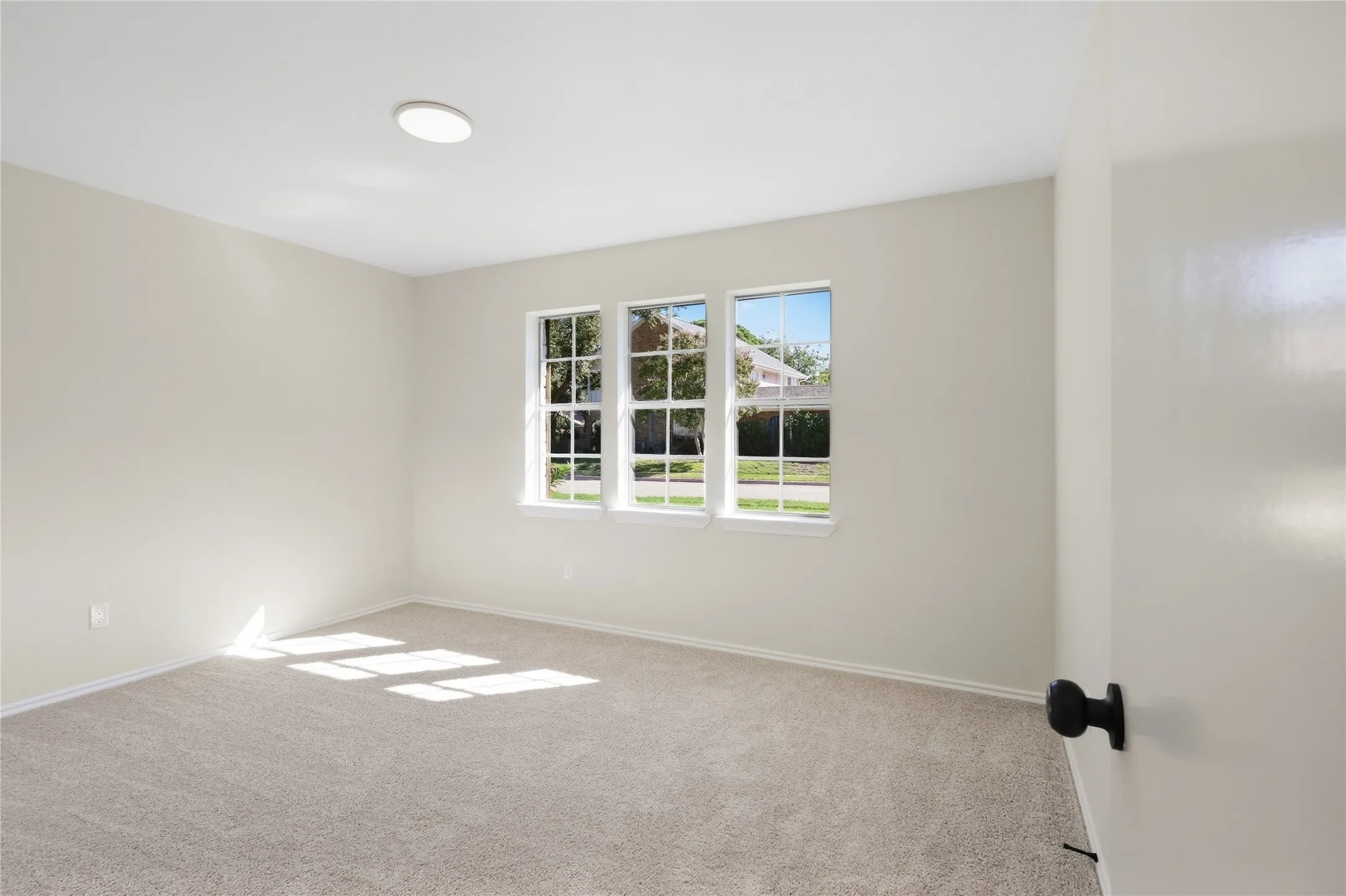 Light-toned carpeted flooring complements the pale wall finishes