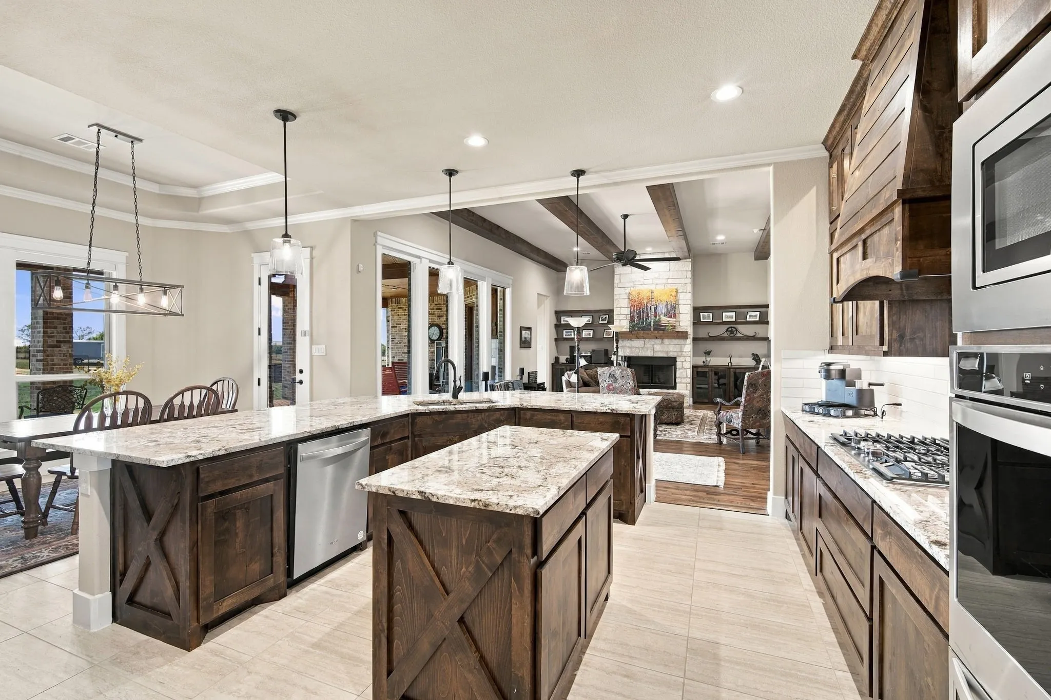 Custom trim on the cabinets and the island. Granite counters. Pot drawers. Lots of counter space.