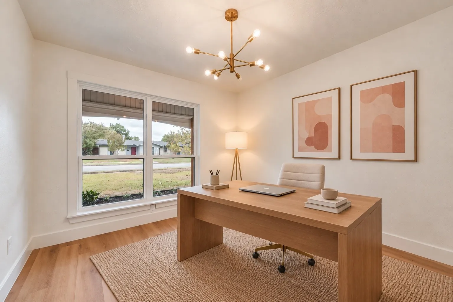 Virtually staged office demonstrates a comfortable work-from-home setup.