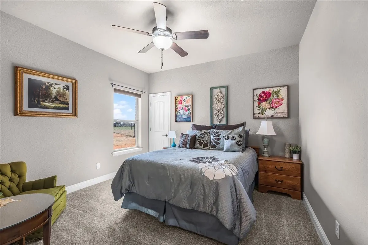 Bedroom: Comfortable bedroom features neutral finishes, plush new carpet, a ceiling fan, and a window providing natural light.