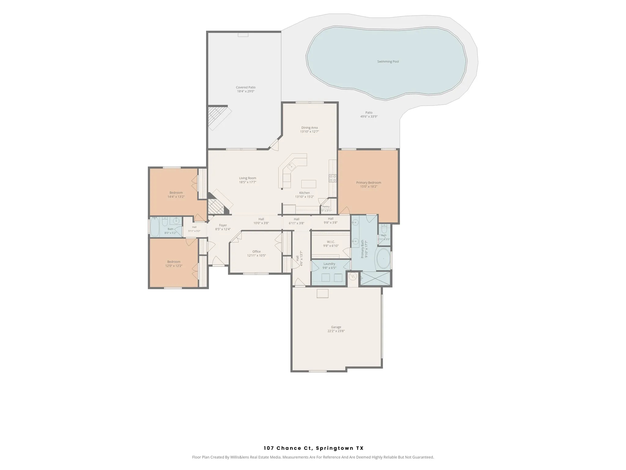 Original #12: Floor Plan: Detailed layout illustrates the home's living spaces, bedroom arrangement, dedicated office, attached garage, covered patio, and outdoor swimming pool.