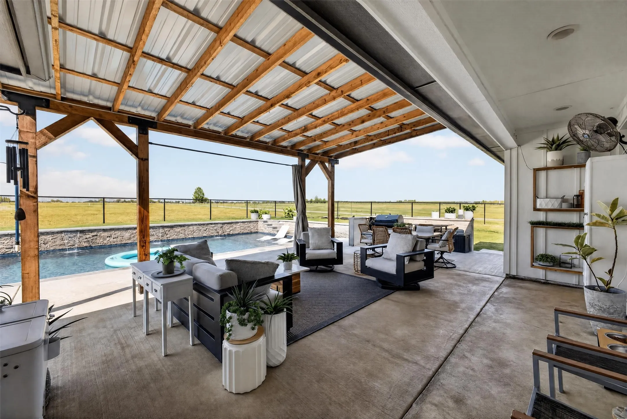 Covered back patio overlooking pool
