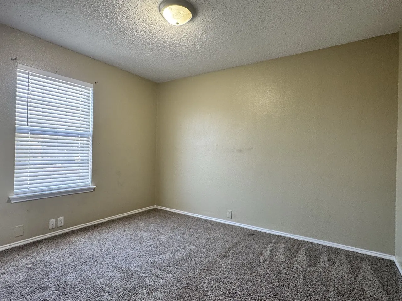 Recessed window with blinds, overhead flush-mount lighting, and neutral-toned wall paint