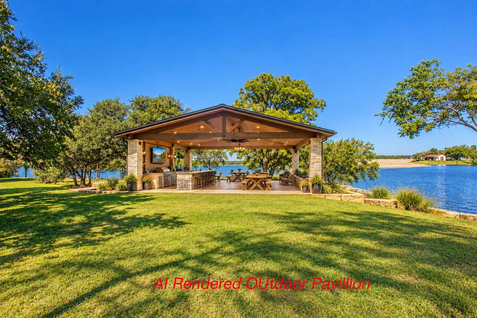 Dream some more....AI rendering of an Expansive outdoor pavilion featuring a stone-clad kitchen, integrated bar seating, and a large roof structure with exposed wood beams in place of the workshop/RV structure!