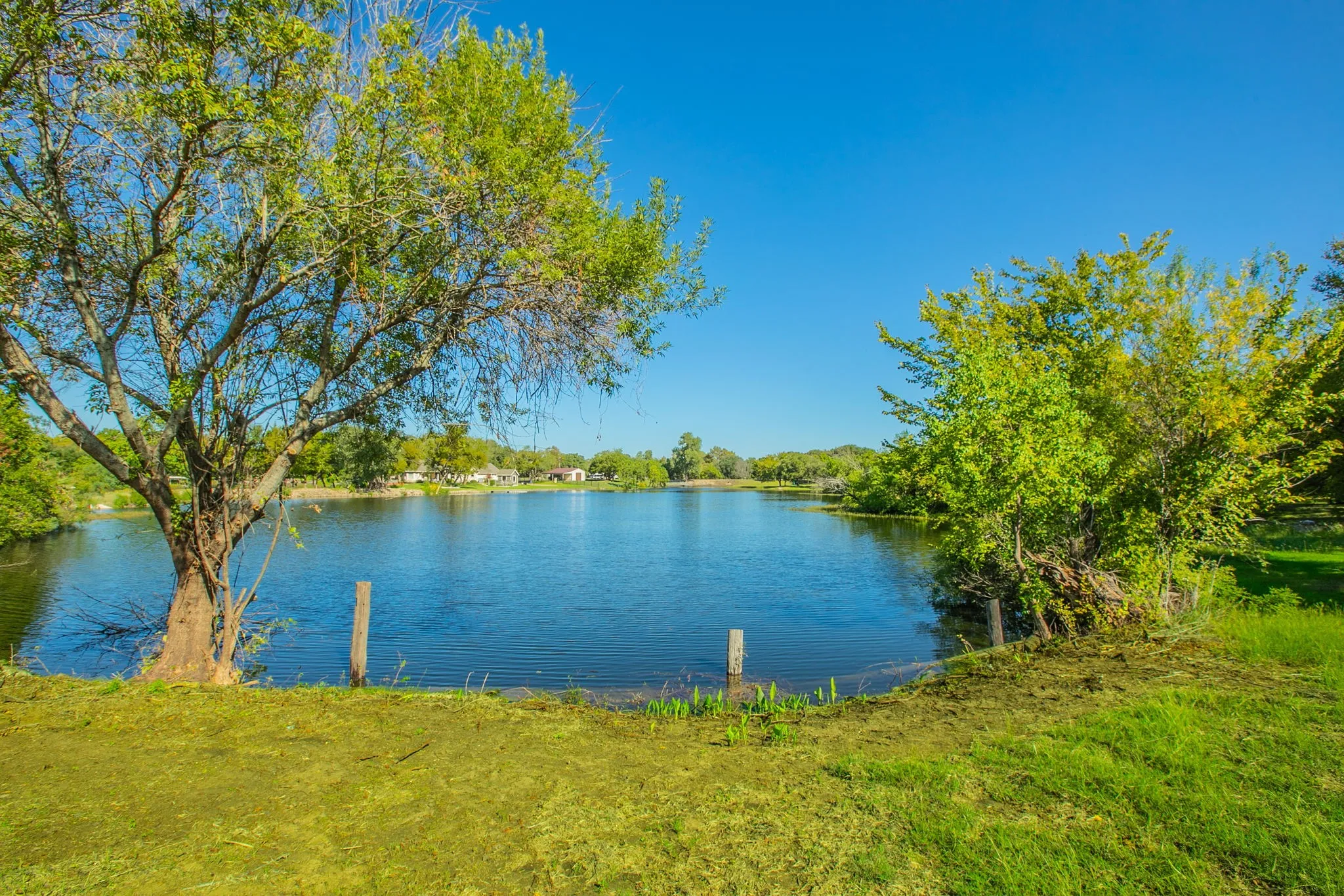 Expansive waterfront featuring a calm body of water,  and mature trees framing the shoreline.  Property line extends into the lake.  Should be confirmed by a survey.