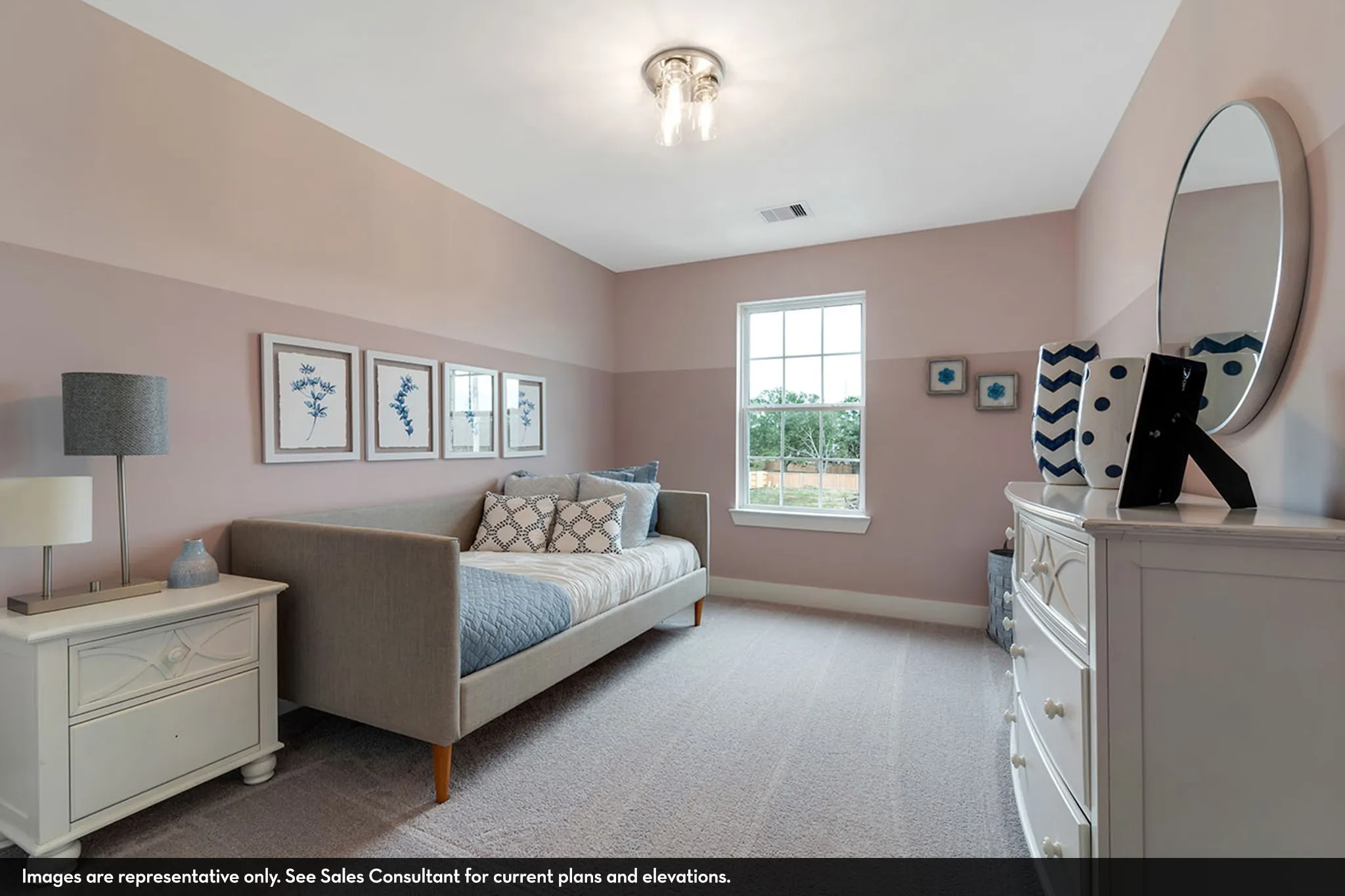 Recessed window with white trim, two-tone wall paint, and overhead flush-mount lighting