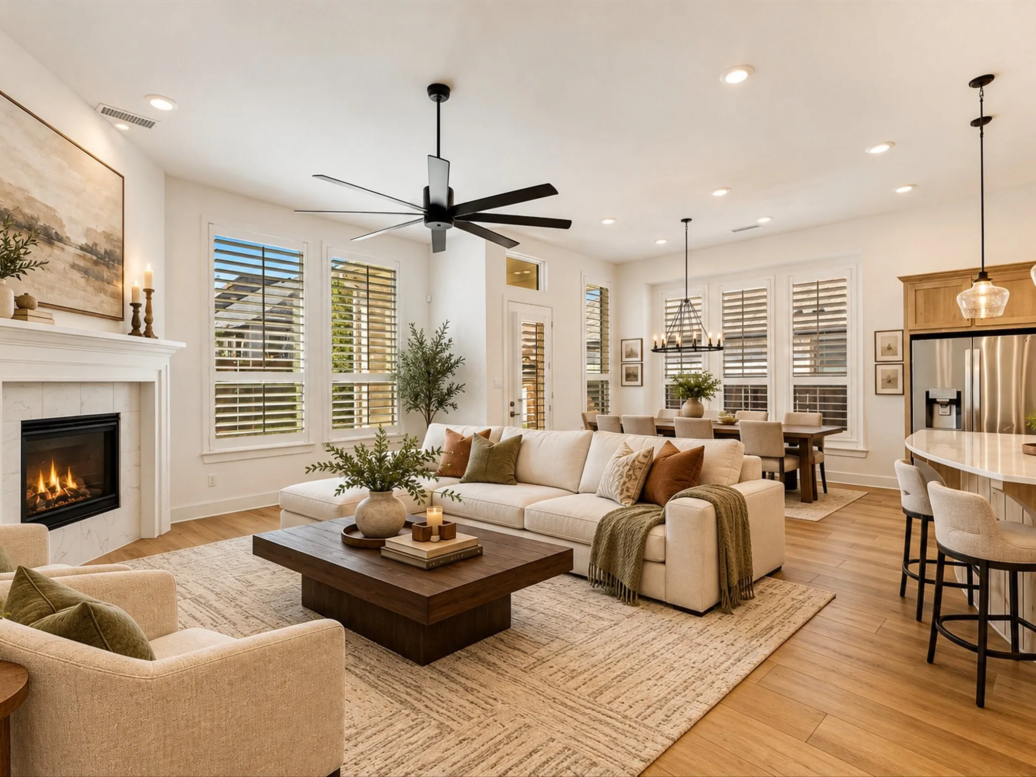 Open-concept living space featuring wood-finish flooring, a built-in fireplace, and a contemporary ceiling fan