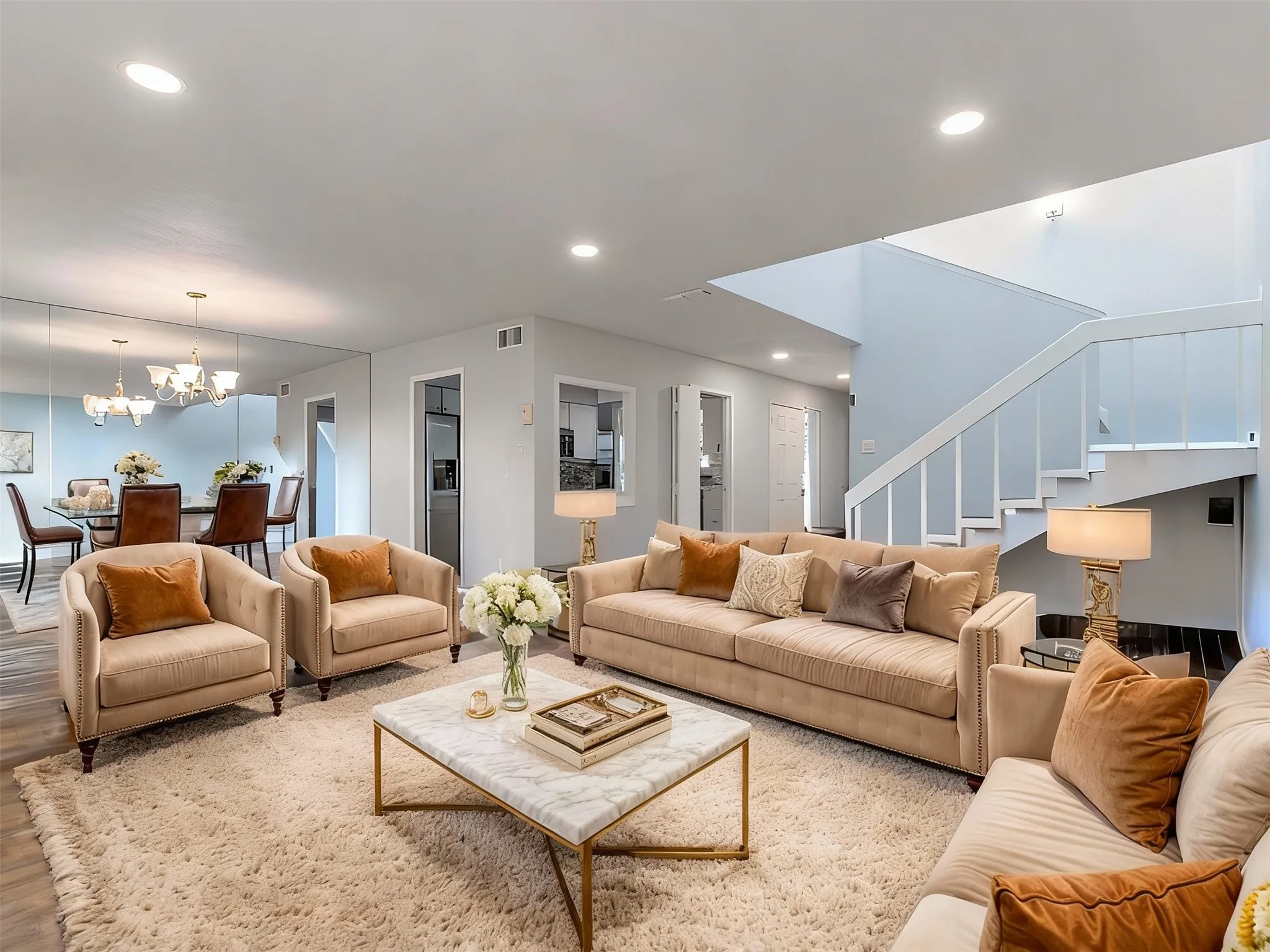 Living area with recessed lighting, a chandelier, stairway, and wood finished floors