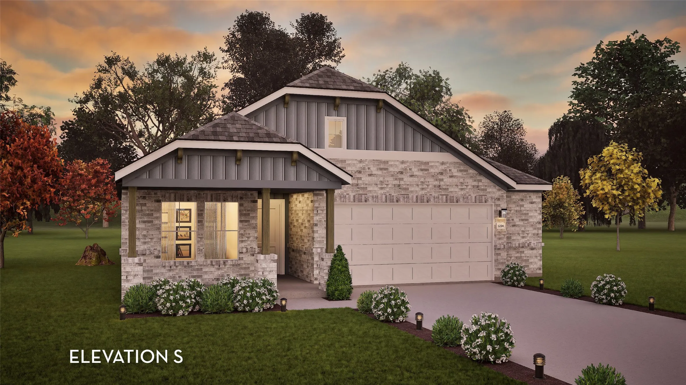 Stone veneer exterior with a covered entry, vertical siding accents, and an attached garage